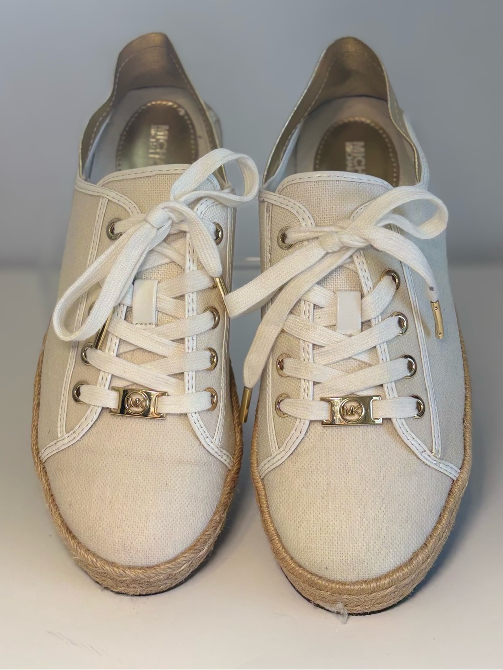 Michael Kors Ivory Canvas Espadrille Lace-Up Sneakers with Gold Accents